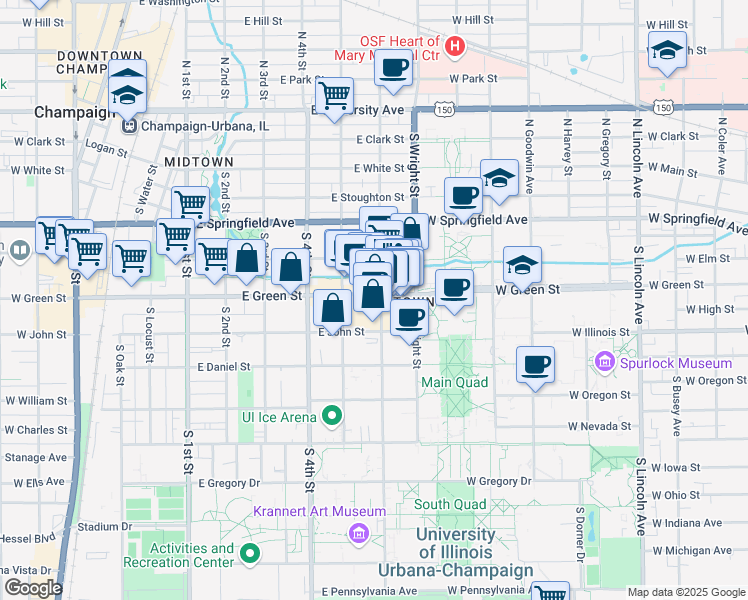 map of restaurants, bars, coffee shops, grocery stores, and more near 519 East Green Street in Champaign