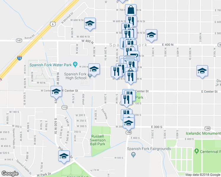 map of restaurants, bars, coffee shops, grocery stores, and more near 11 North 100 West Street in Spanish Fork