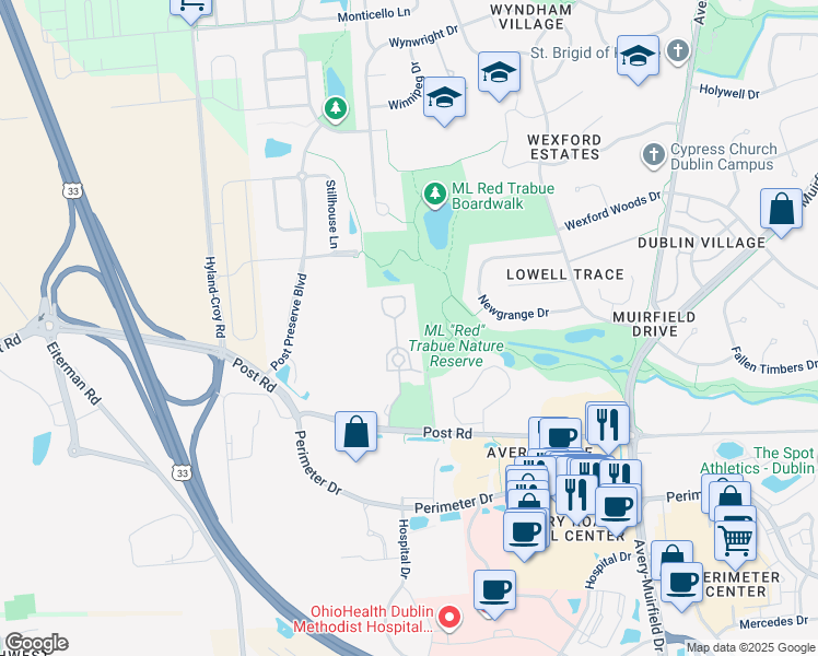map of restaurants, bars, coffee shops, grocery stores, and more near 7020 Old Bridge Lane East in Dublin