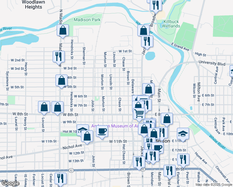 map of restaurants, bars, coffee shops, grocery stores, and more near 340 West 6th Street in Anderson