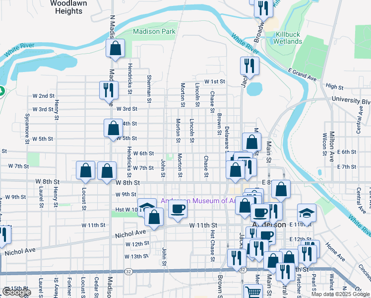 map of restaurants, bars, coffee shops, grocery stores, and more near 516 West 6th Street in Anderson