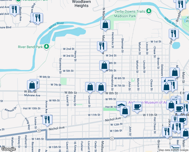 map of restaurants, bars, coffee shops, grocery stores, and more near 1116 West 6th Street in Anderson