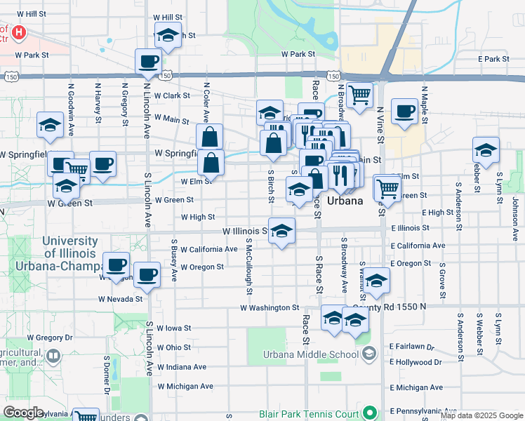 map of restaurants, bars, coffee shops, grocery stores, and more near 402 West High Street in Urbana