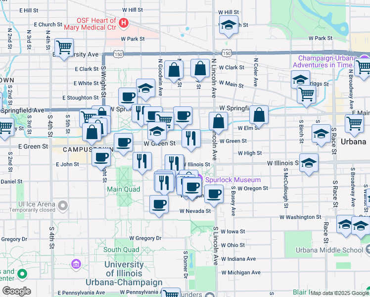 map of restaurants, bars, coffee shops, grocery stores, and more near 1010 West Green Street in Urbana