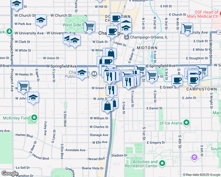 map of restaurants, bars, coffee shops, grocery stores, and more near in Champaign
