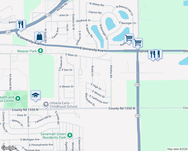 map of restaurants, bars, coffee shops, grocery stores, and more near 212 Brady Lane in Urbana