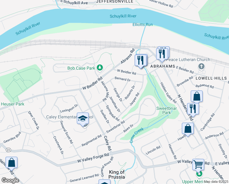 map of restaurants, bars, coffee shops, grocery stores, and more near 761 George Drive in King of Prussia