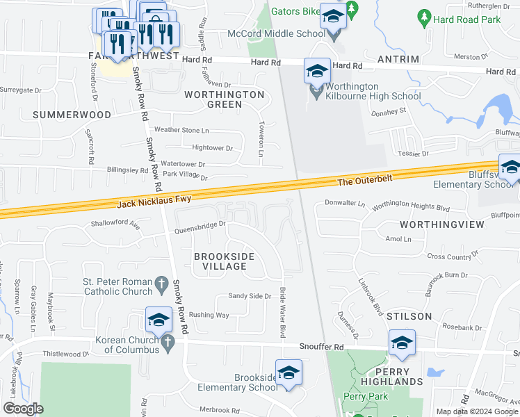 map of restaurants, bars, coffee shops, grocery stores, and more near 1584 Worthington Row Dr in Columbus
