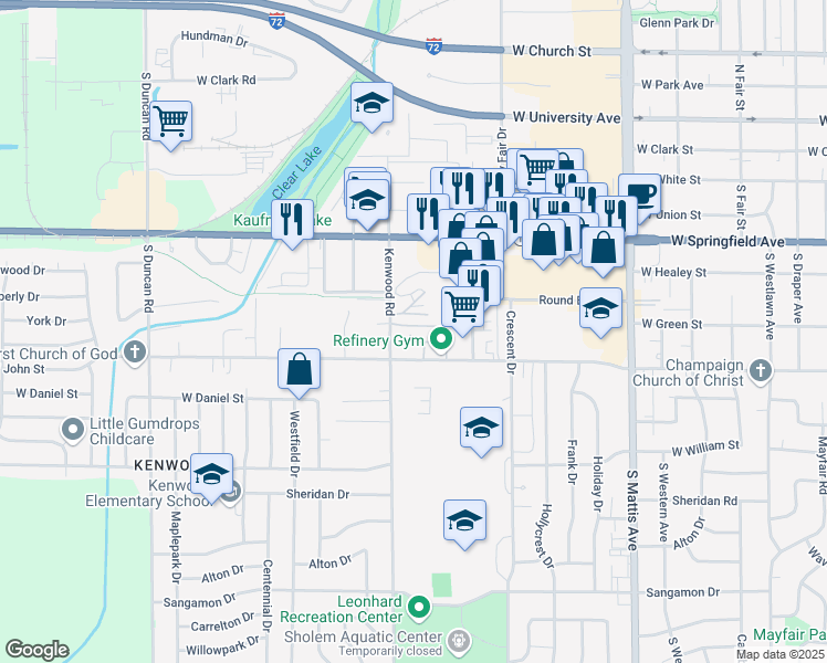 map of restaurants, bars, coffee shops, grocery stores, and more near 2318 West John Street in Champaign