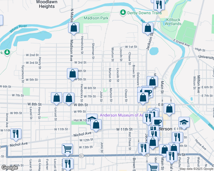 map of restaurants, bars, coffee shops, grocery stores, and more near 516 West 6th Street in Anderson