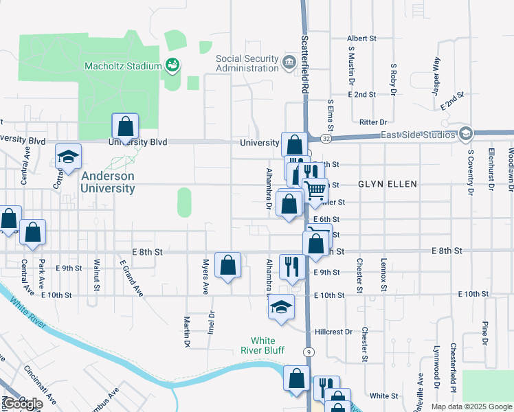 map of restaurants, bars, coffee shops, grocery stores, and more near 1903 Fowler St in Anderson