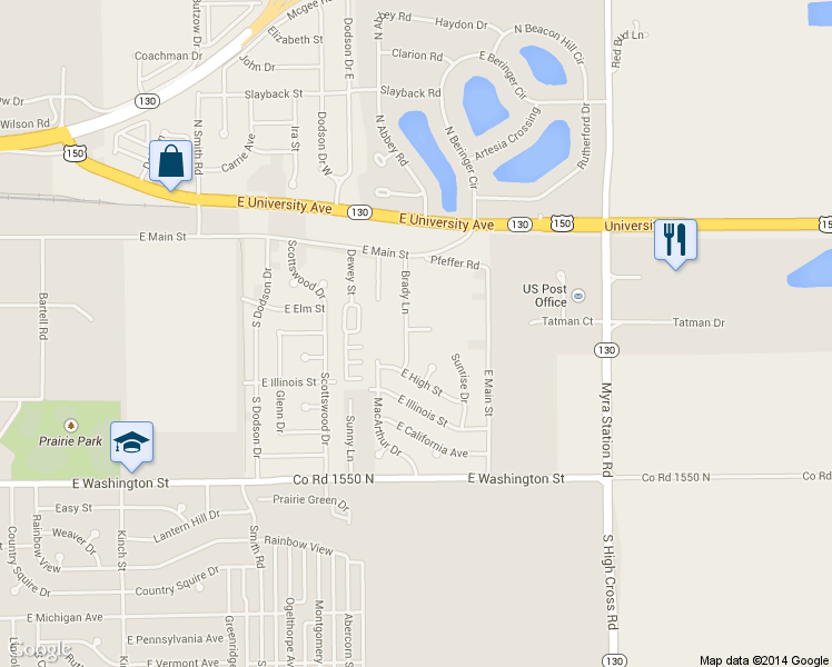 map of restaurants, bars, coffee shops, grocery stores, and more near 212 Brady Lane in Urbana