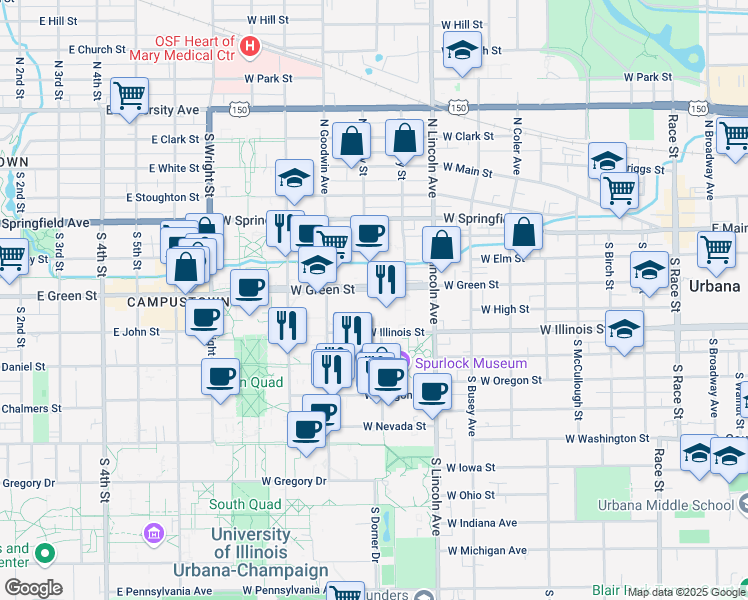map of restaurants, bars, coffee shops, grocery stores, and more near 1010 West Illinois Street in Urbana