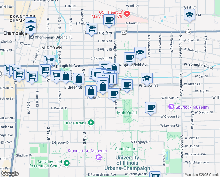 map of restaurants, bars, coffee shops, grocery stores, and more near in Champaign