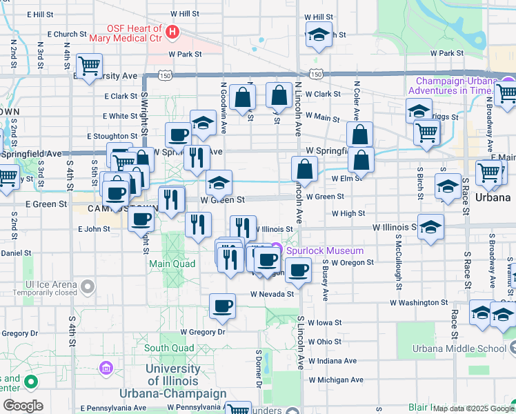 map of restaurants, bars, coffee shops, grocery stores, and more near 1010 West Illinois Street in Urbana