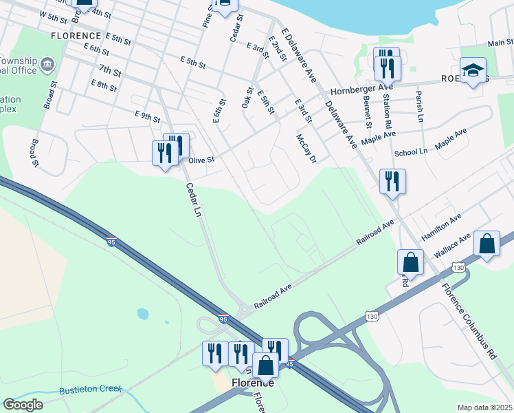 map of restaurants, bars, coffee shops, grocery stores, and more near 50 Abrams Drive in Florence