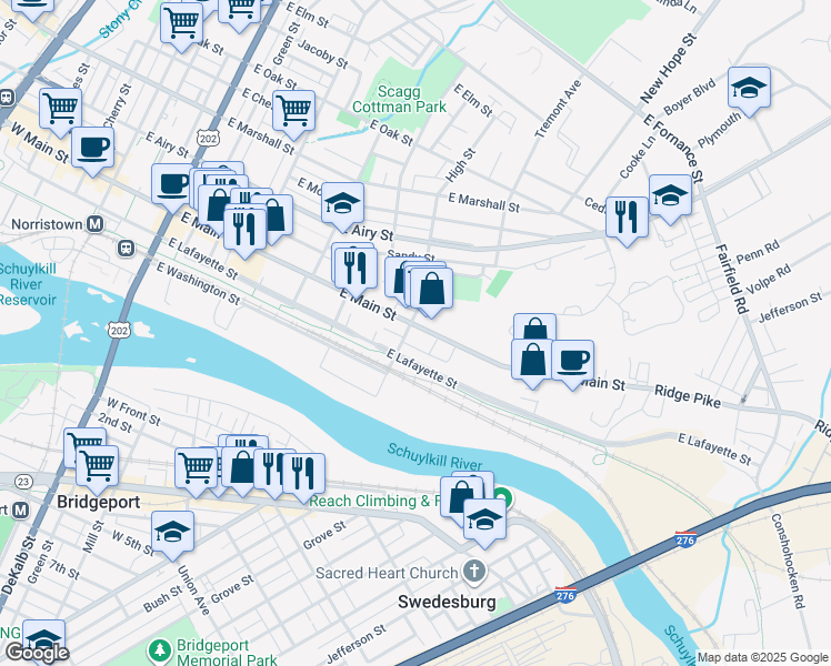 map of restaurants, bars, coffee shops, grocery stores, and more near 608 East Main Street in Norristown