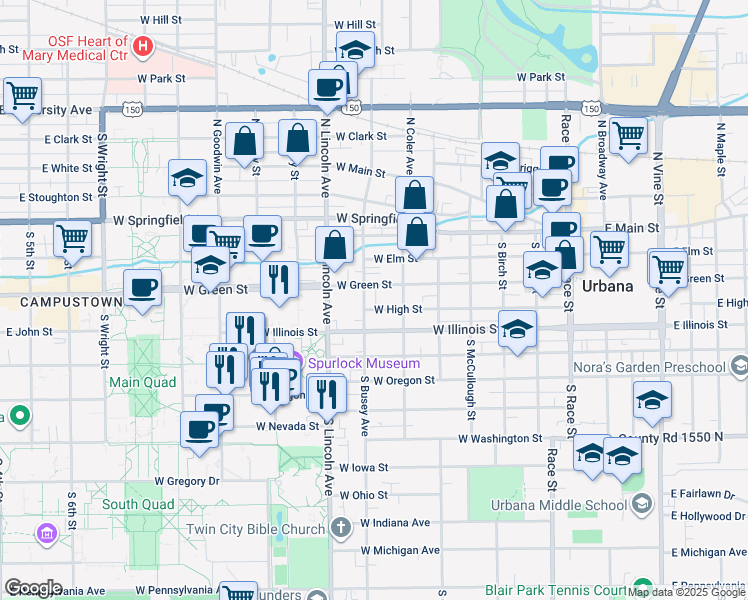 map of restaurants, bars, coffee shops, grocery stores, and more near 302 South Busey Avenue in Urbana