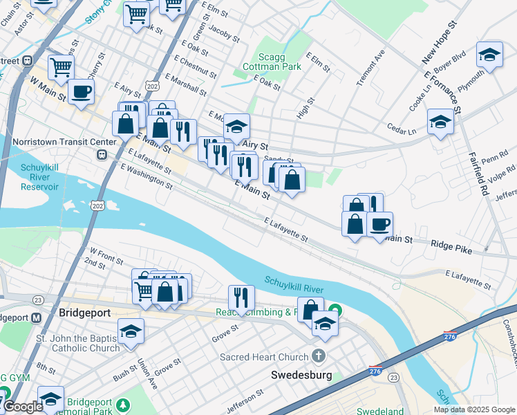 map of restaurants, bars, coffee shops, grocery stores, and more near 545 East Lafayette Street in Norristown