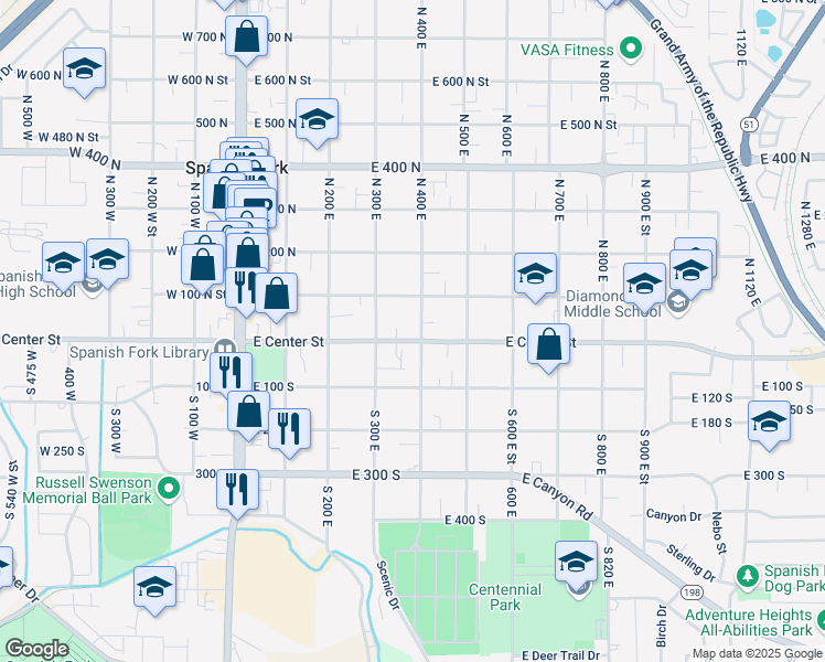 map of restaurants, bars, coffee shops, grocery stores, and more near 389 East Center Street in Spanish Fork