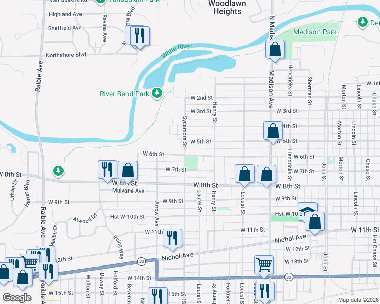 map of restaurants, bars, coffee shops, grocery stores, and more near 1416 West 6th Street in Anderson
