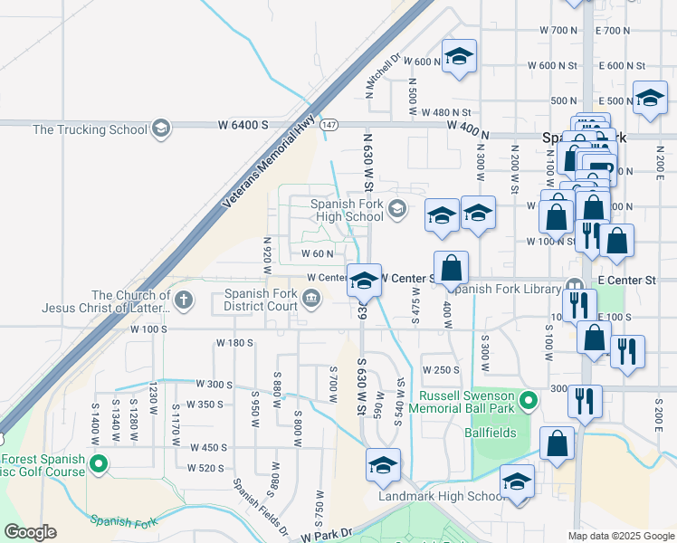 map of restaurants, bars, coffee shops, grocery stores, and more near 13 North 710 West Street in Spanish Fork