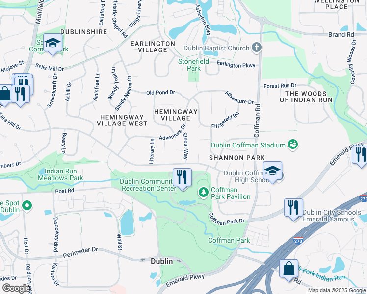 map of restaurants, bars, coffee shops, grocery stores, and more near 5582 Great Novel Court in Dublin