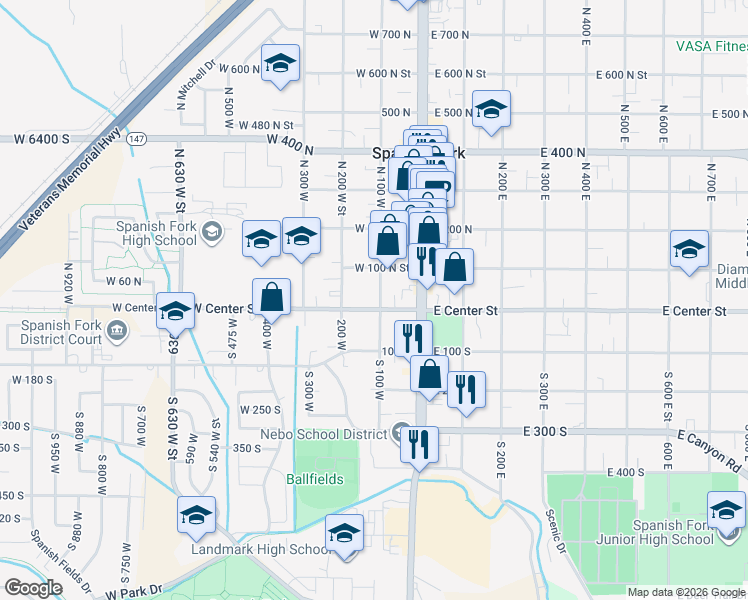 map of restaurants, bars, coffee shops, grocery stores, and more near 11 North 100 West Street in Spanish Fork