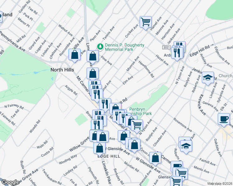 map of restaurants, bars, coffee shops, grocery stores, and more near 209 Elm Avenue in Glenside