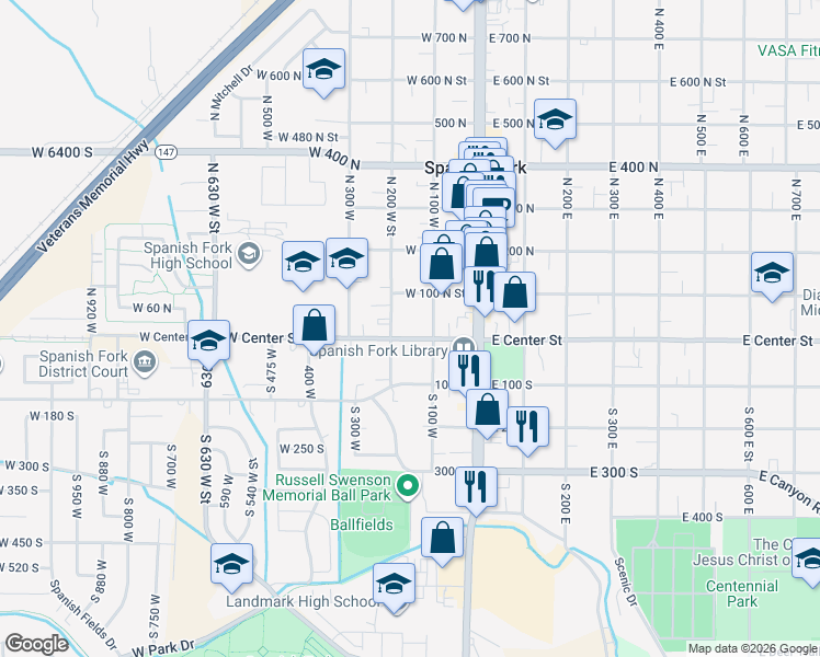 map of restaurants, bars, coffee shops, grocery stores, and more near 158 West Center Street in Spanish Fork