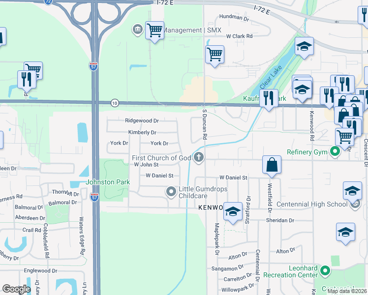 map of restaurants, bars, coffee shops, grocery stores, and more near 614 Dogwood Drive in Champaign