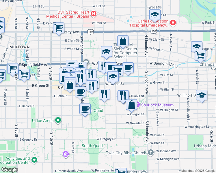 map of restaurants, bars, coffee shops, grocery stores, and more near 308 South Mathews Avenue in Urbana