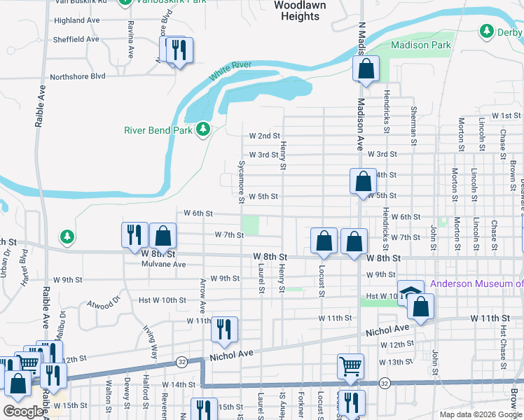 map of restaurants, bars, coffee shops, grocery stores, and more near 1416 West 6th Street in Anderson