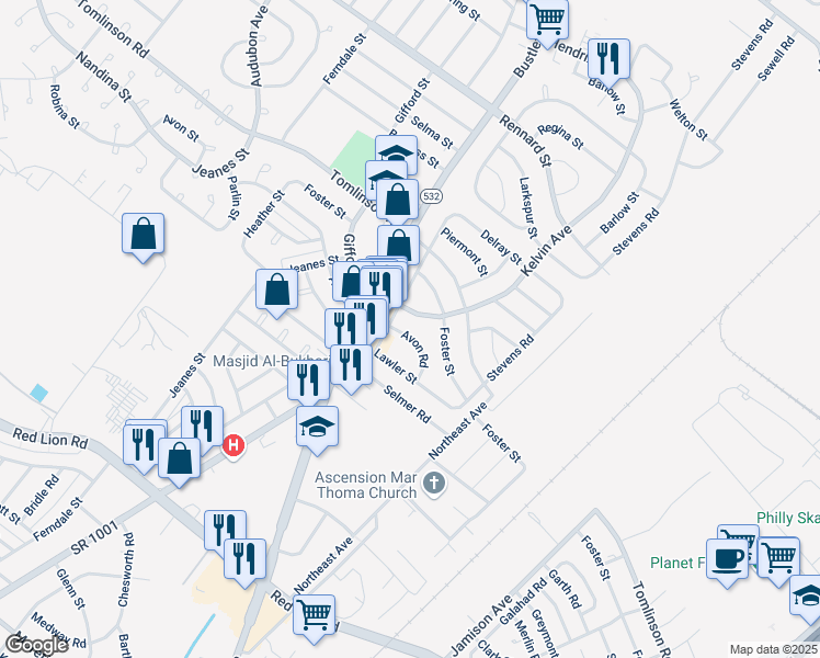 map of restaurants, bars, coffee shops, grocery stores, and more near 811 Avon Road in Philadelphia