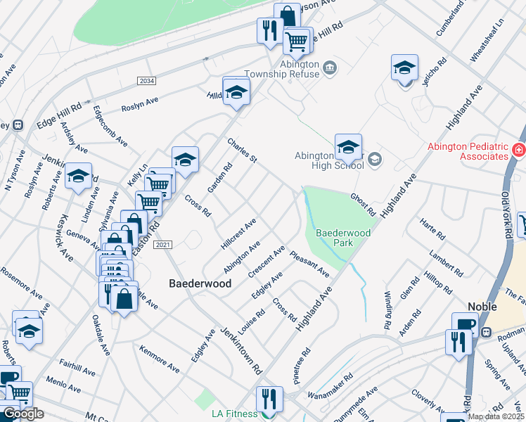 map of restaurants, bars, coffee shops, grocery stores, and more near 707 Hillcrest Avenue in Glenside