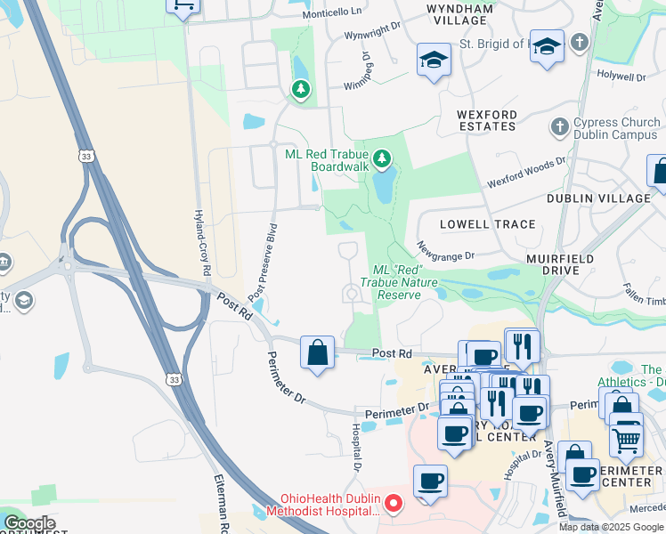 map of restaurants, bars, coffee shops, grocery stores, and more near 6999 Old Bridge Lane West in Dublin