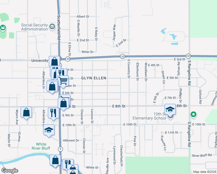 map of restaurants, bars, coffee shops, grocery stores, and more near 2603 Fowler St in Anderson