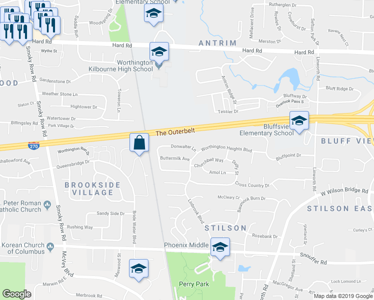 map of restaurants, bars, coffee shops, grocery stores, and more near 1341 Donwalter Lane in Columbus