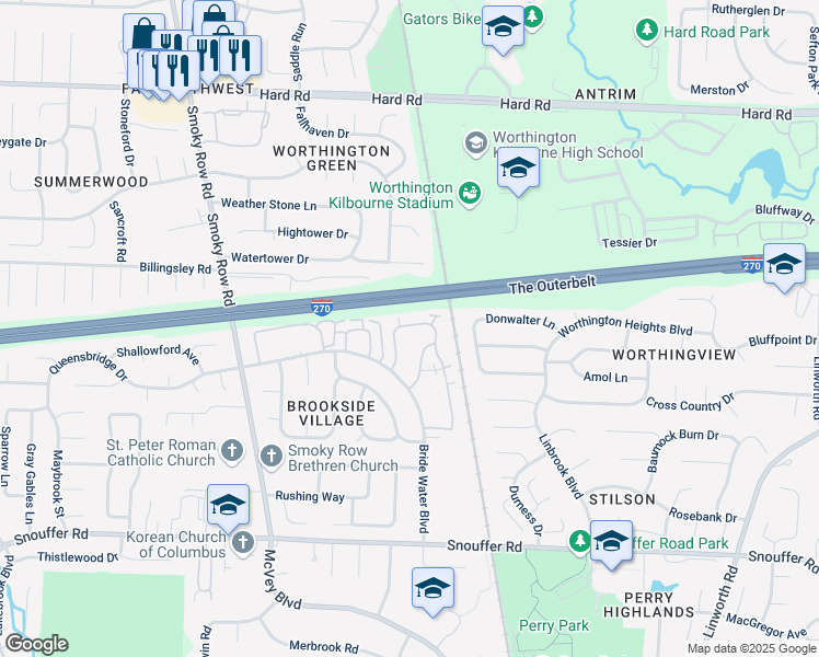 map of restaurants, bars, coffee shops, grocery stores, and more near 1527 Worthington Row Drive in Columbus