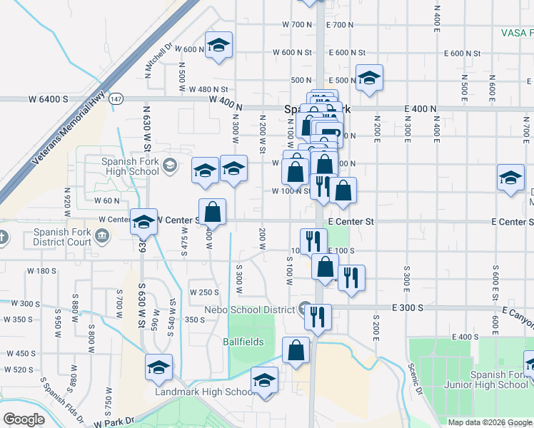 map of restaurants, bars, coffee shops, grocery stores, and more near 188 West Center Street in Spanish Fork