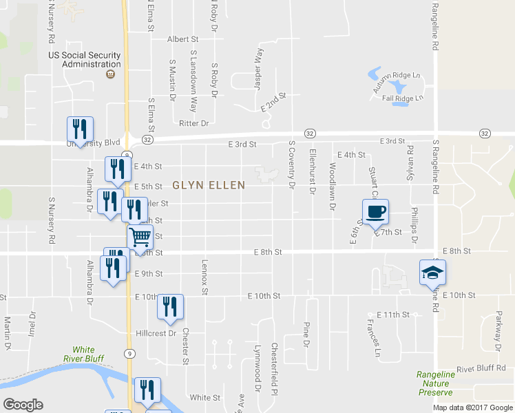 map of restaurants, bars, coffee shops, grocery stores, and more near 2613 Fowler Street in Anderson