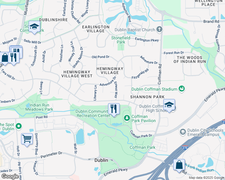 map of restaurants, bars, coffee shops, grocery stores, and more near 5582 Great Novel Court in Dublin