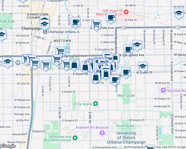map of restaurants, bars, coffee shops, grocery stores, and more near 403 East Green Street in Champaign