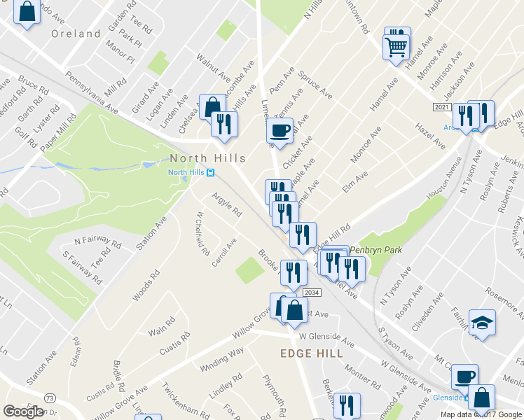 map of restaurants, bars, coffee shops, grocery stores, and more near 2800 Mount Carmel Avenue in Glenside