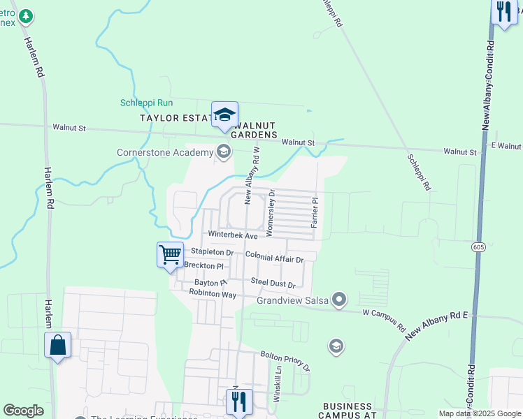 map of restaurants, bars, coffee shops, grocery stores, and more near 6180 New Albany Road West in New Albany