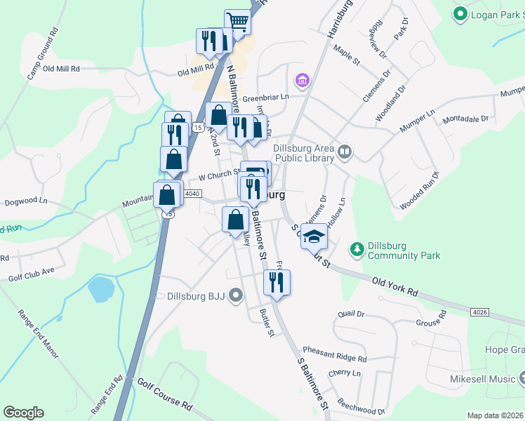 map of restaurants, bars, coffee shops, grocery stores, and more near 28 Pennsylvania 74 in Dillsburg
