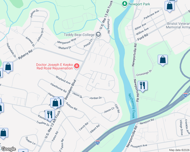 map of restaurants, bars, coffee shops, grocery stores, and more near 396 Rutgers Court in Bensalem