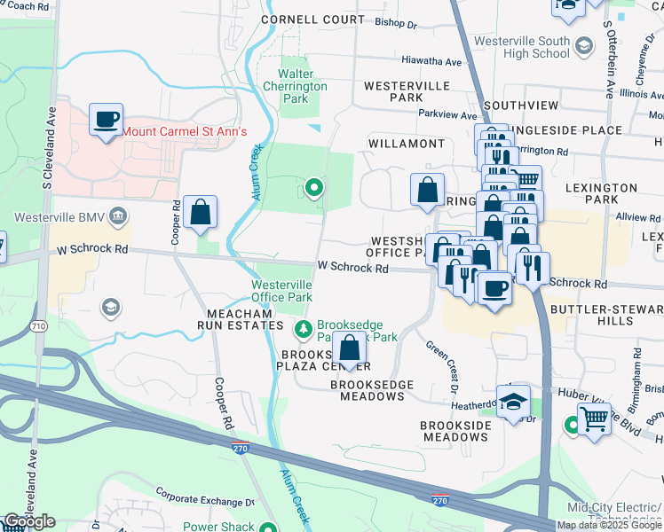 map of restaurants, bars, coffee shops, grocery stores, and more near 285 West Schrock Road in Westerville