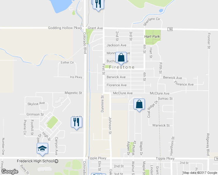 map of restaurants, bars, coffee shops, grocery stores, and more near 126 Florence Avenue in Firestone