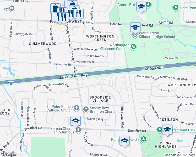 map of restaurants, bars, coffee shops, grocery stores, and more near 1729 Worthington Run Drive in Columbus